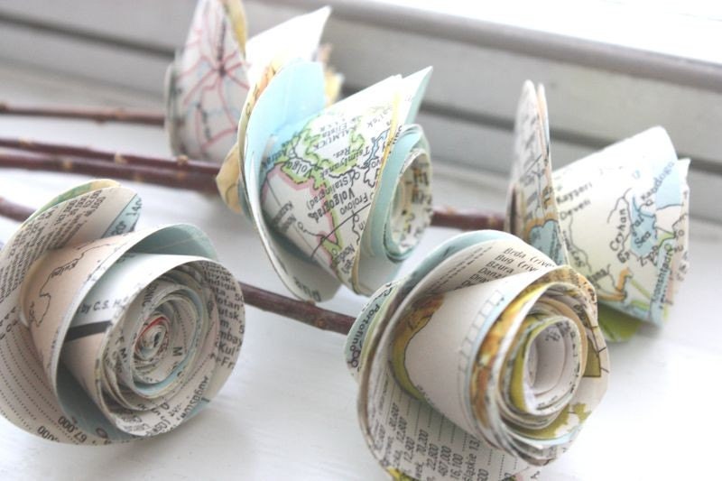 rolled paper roses. repurposed atlas.  small. set of 5