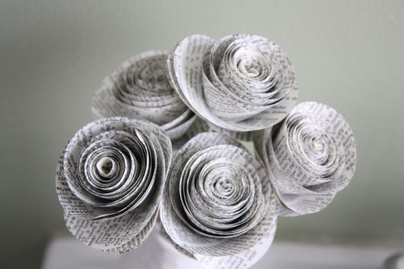 rolled paper roses. repurposed dictionary.  large. set of 5