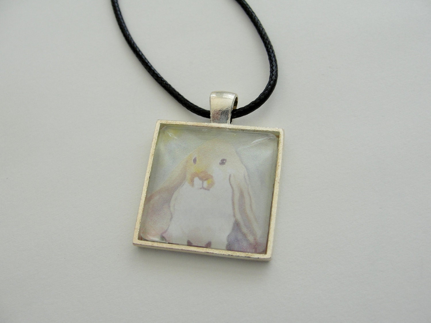 Bunny Rabbit Art Necklace Sweet Lopeared Bunny Rabbit Pendant on Black Cord Bird Jewelry Nature Animal Jewelry for Girls and Women