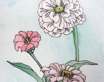 Original Watercolor and Ink Zinnia Floral Flower Painting