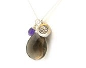 Elude Necklace, Smoky Quartz Focal pendant, Purple Amethyst Teardrop, Sterling Silver Om charm