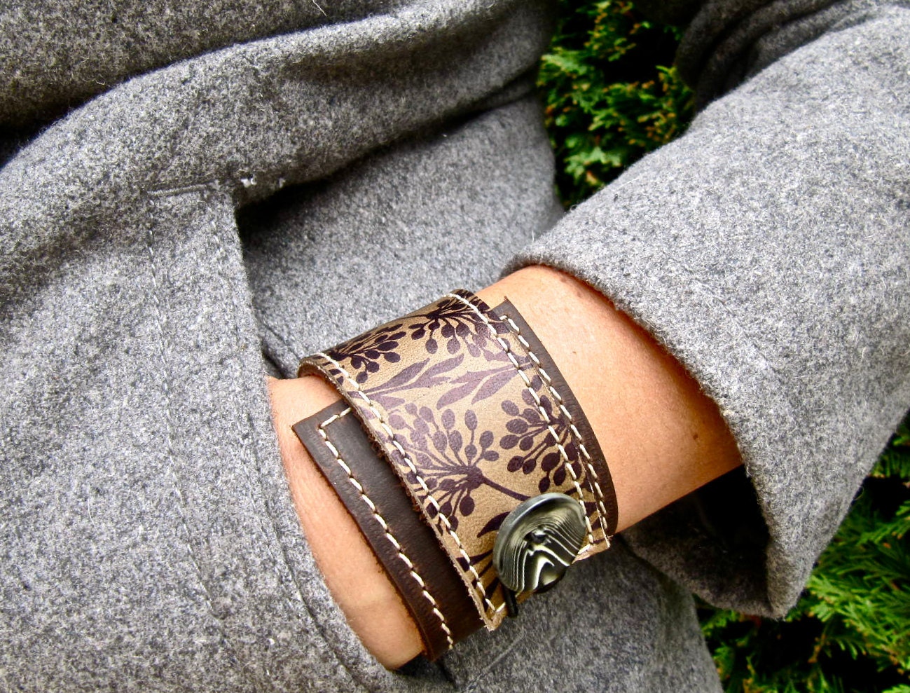 Leather Wrap Bracelet Cuff, Florance Print in Brown & Olive Taupe, Adjustable Size - SALE - see Shop for Coupon Codes...