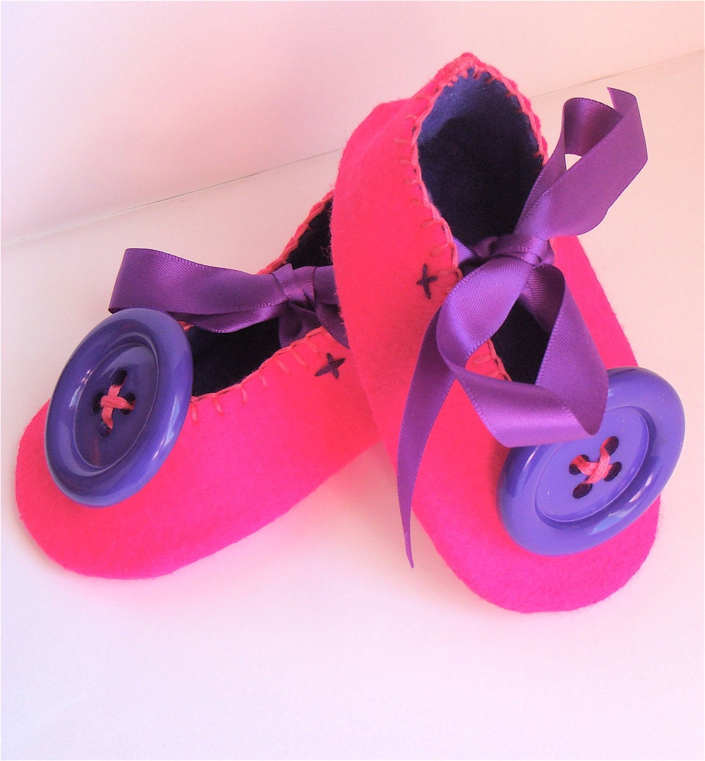 Big Button Fuschia Pink and Purple Baby Booties/Shoes
