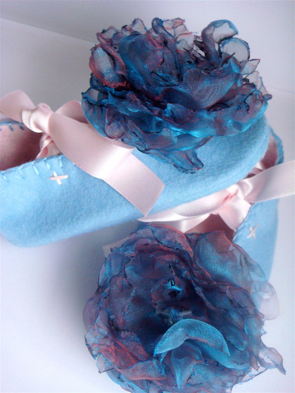 Pale Blue and Pink Organza Felt Baby Booties/Shoes