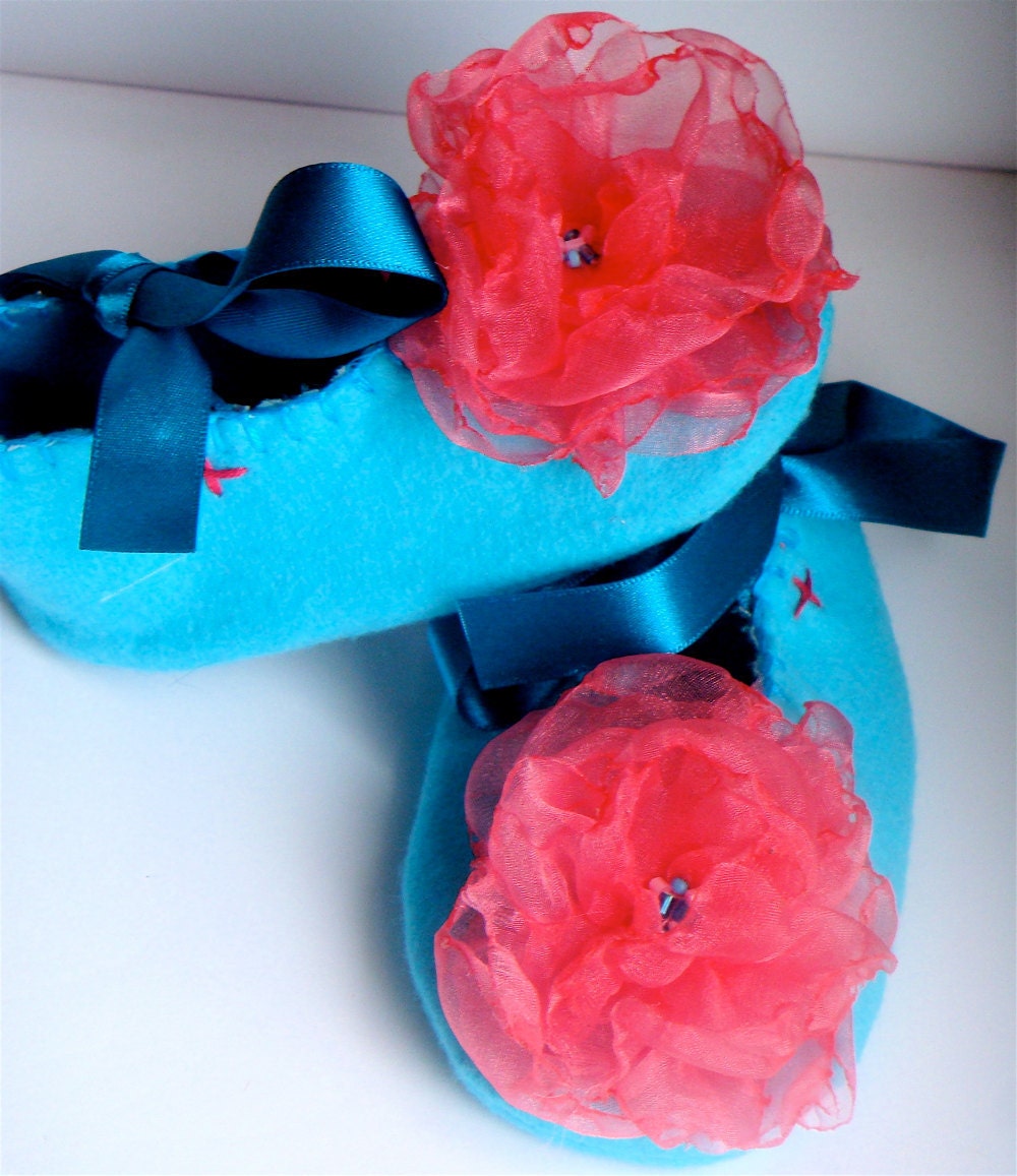 Turquoise and Pink Organza Felt Baby Booties/Shoes