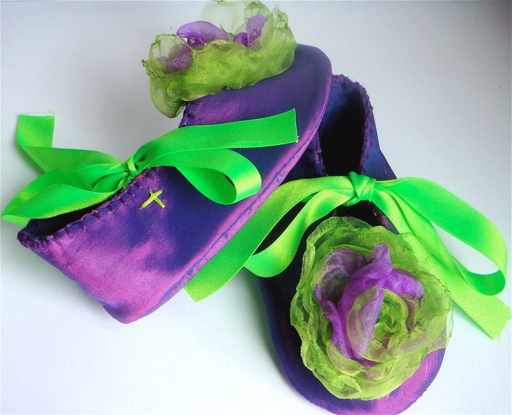 Purple and Lime Green Organza Baby Shoes/Booties