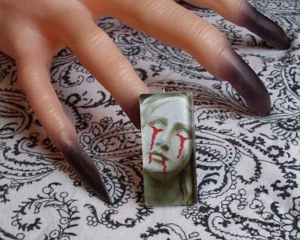 Bleeding Haunted Cemetery Angel---A Gothic Macabre Grave Statue Glass Tile Pendant