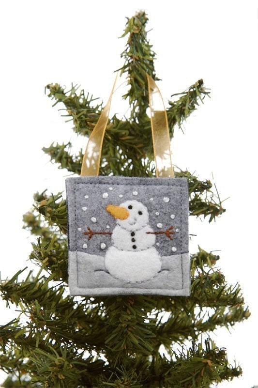 Snowman Christmas Ornament, Hand Embroidered, Orange and Grey, Wool and Felt