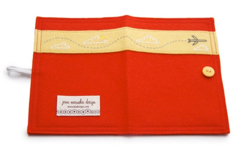 Jet Airplane Passport Cover Embroidered Red Felt