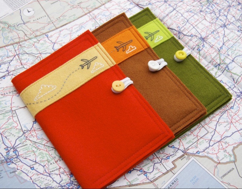 Jet Airplane Passport Cover Embroidered Red Felt