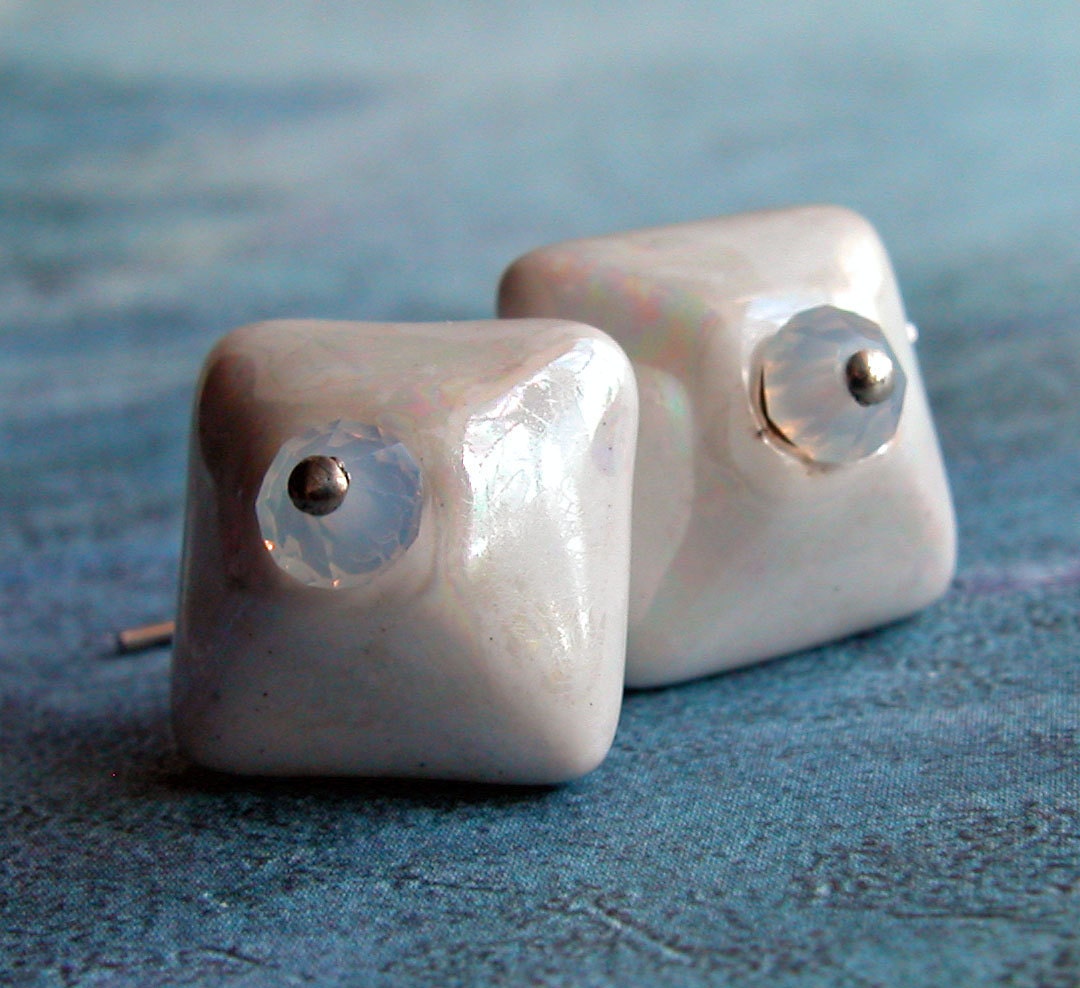 White ceramic, crystals, sterling silver earrings - Blanca