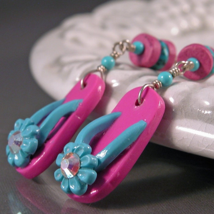 Pink and Turquoise Flip Flops and Sterling Silver Earrings
