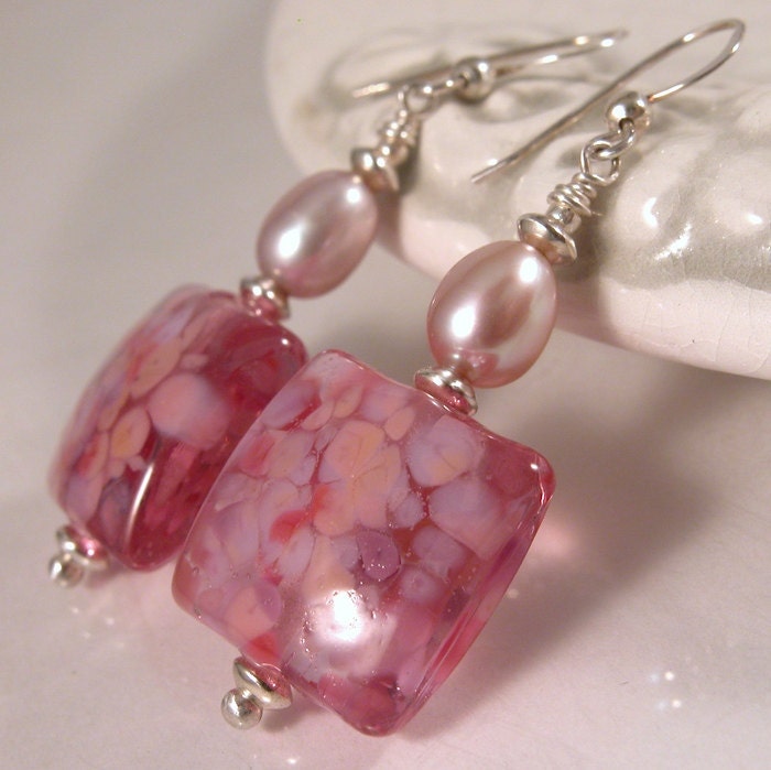 Pink and Lavendar Lampwork, pearl and sterling earrings - Pink Confetti