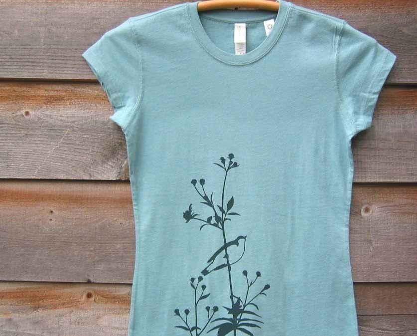 Womens T shirt - Organic Cotton - Songbird on Flower - Turquoise Blue S M L XL