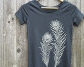 Womens T shirt - Gray Peacock Feathers - Organic Cotton - S M L XL