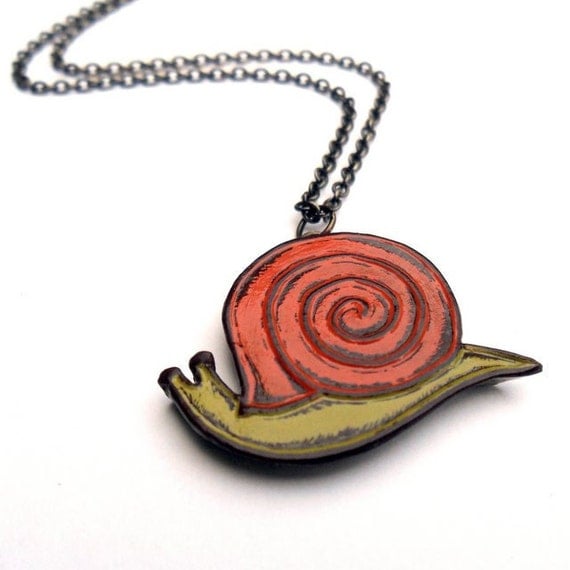 Orange and Green Retro Snail Necklace - Slow Down