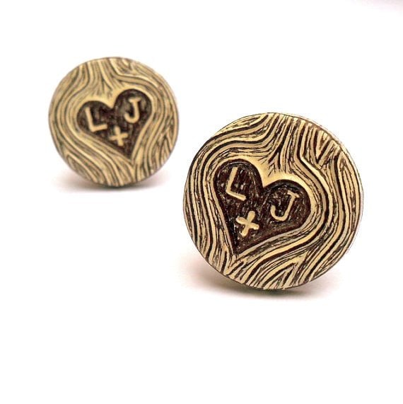 20% OFF SALE - Woodland Wedding Personalized Carved Initials Faux Bois Wood Grain Cufflinks - Wood You Love Me