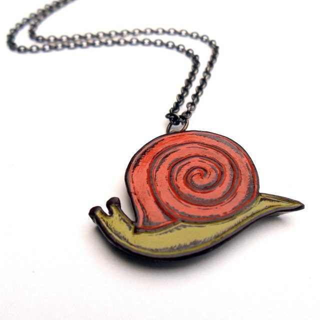 Orange and Green Retro Snail Necklace - Slow Down