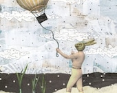 Hot Air Balloon Art Print , Rabbit Painting Mixed Media Collage Art Reproduction , 5x7