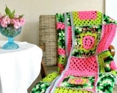 Neon Sampler Afghan Virgin Wool New Granny Style Hot Pink Acid Lime Green