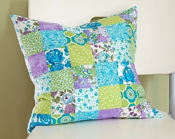 SALE Patchwork Pillow Cover - Aqua Green Lavender 16 inch