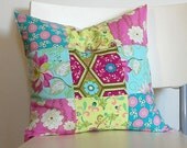 SALE Patchwork Pillow Cover - Aqua Pink Yellow 16 inch
