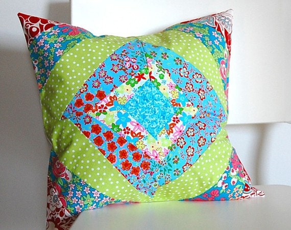 SALE Aqua Green Red Patchwork Quilt Block Pillow Cover 16-inch