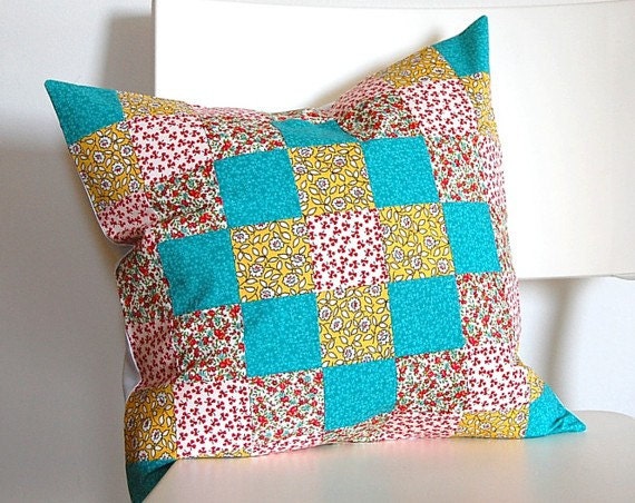 SALE Aqua Red Yellow Patchwork Quilt Block Pillow Cover 16-inch