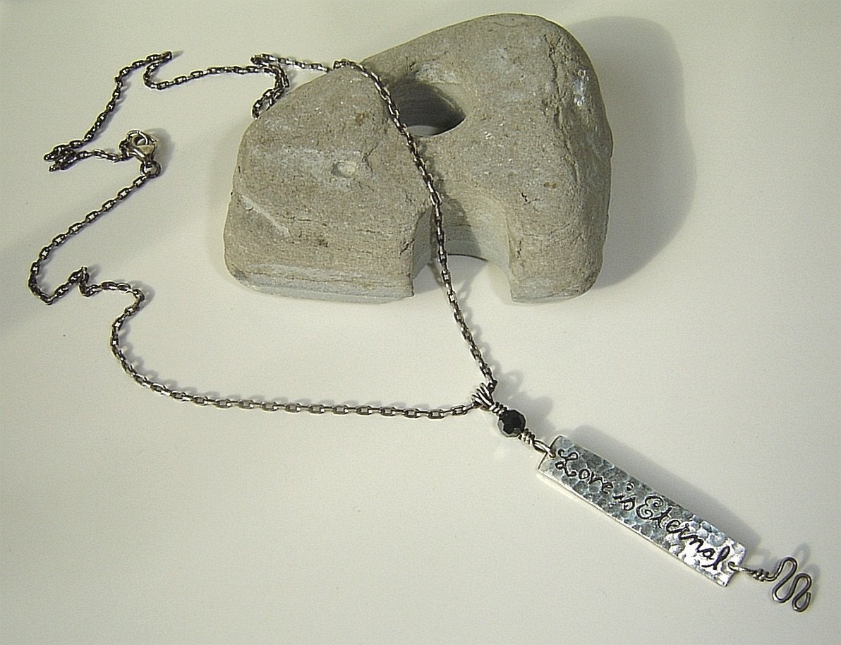 Personalized Hand Engraved, Hammered and oxidized Silver Charm     LOVE IS ETERNAL    and Sterling Silver Necklace