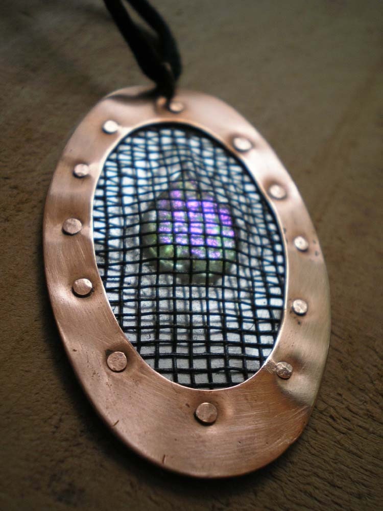 Riveted Copper Pendant Dichroic - Sultry Screened - So Unique