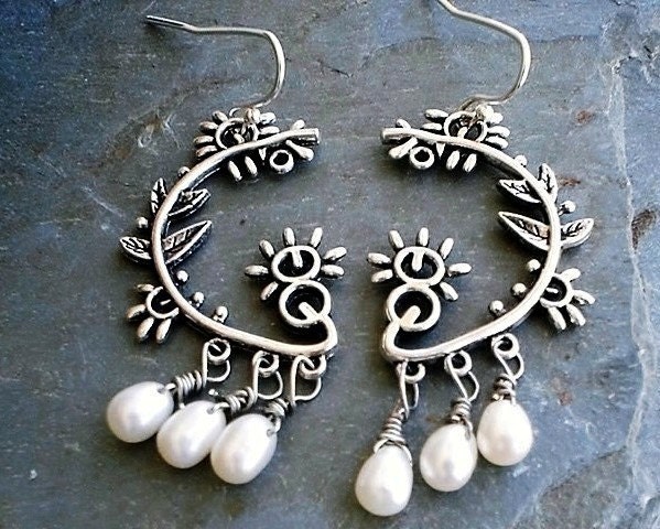 Freshwater Pearls  Earrings Chandelier Teardrops Oxidized Sterling Silver