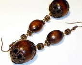 Walnut Wooden Earrings Victorian Brass
