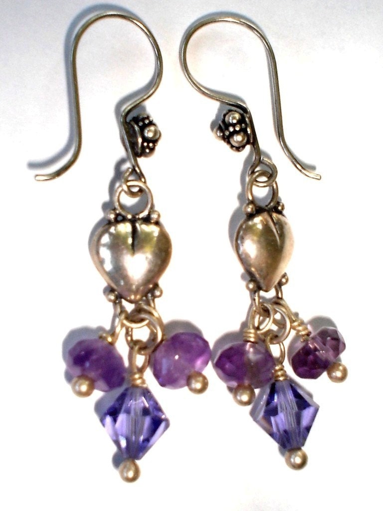 Heat Earrings, Amethyst Earrings, Swarovski Crystal, Wire Wrapped Sterling Silver