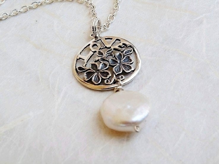 Love Pendant Necklace Sterling Silver Freshwater Pearl Flowers Mothers Day Gift