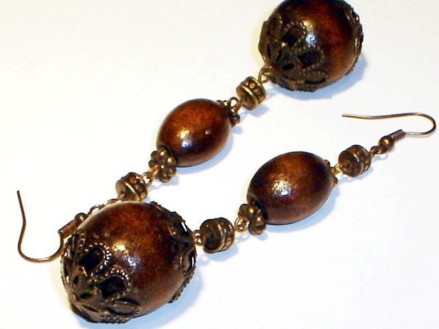 Walnut Wooden Earrings Victorian Brass