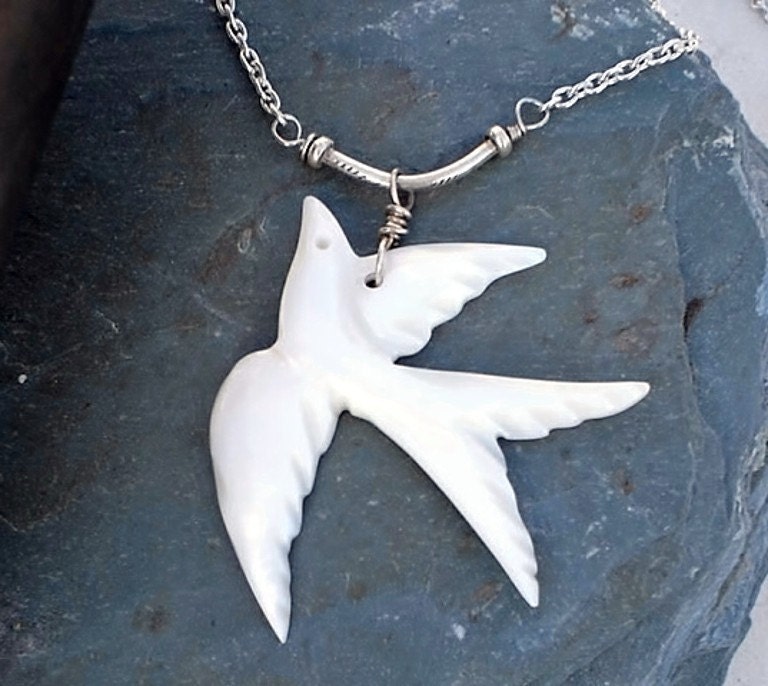 Swallow Flight Mother of Pearl Fine Silver Necklace