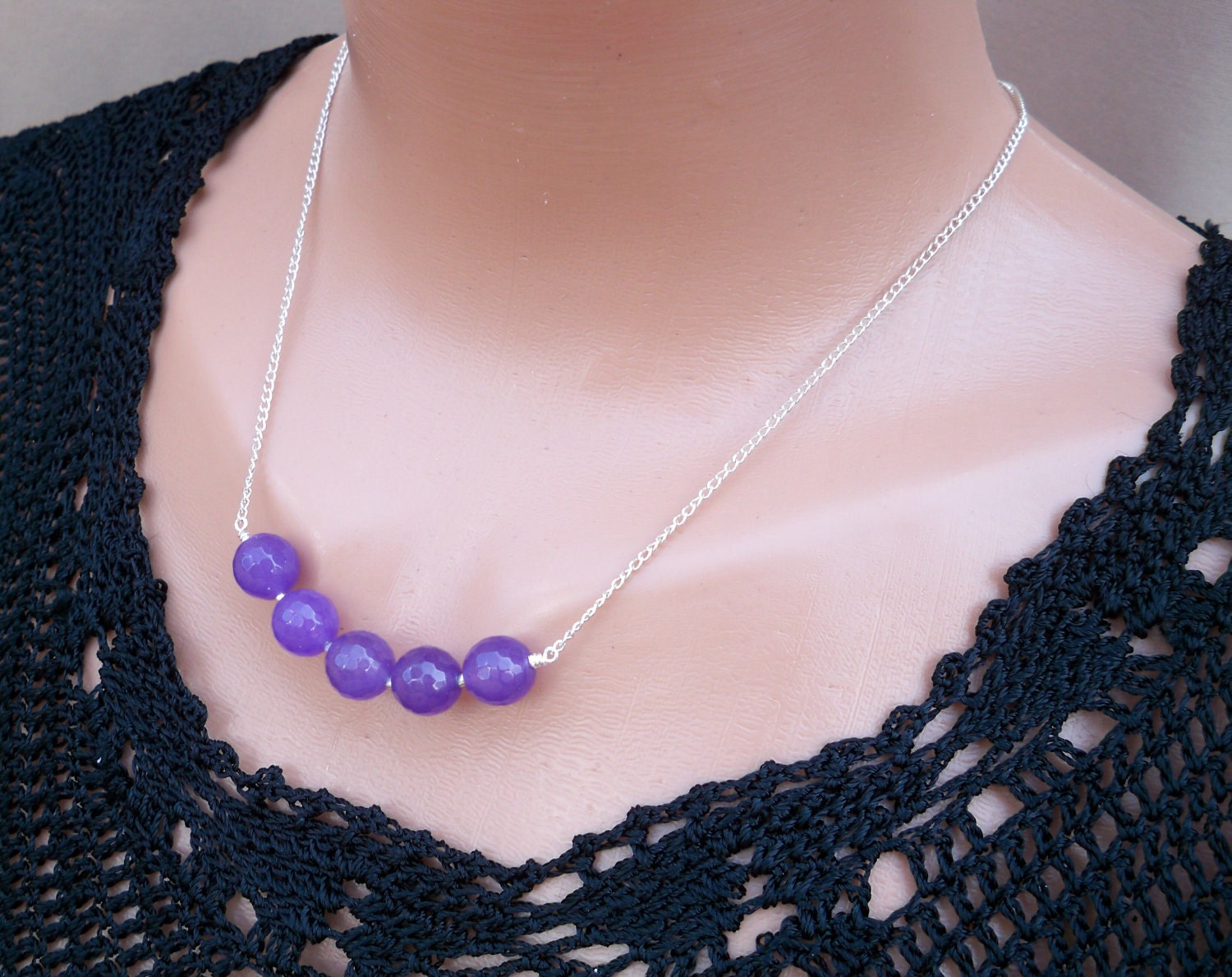 Purple Jade Necklace Silver Chain Faceted Round LILAC