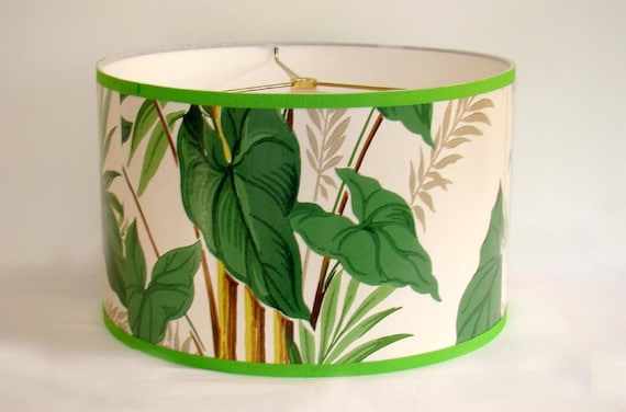 Vintage Wallpaper Drum Shade 1950's Tropical Floral Bamboo