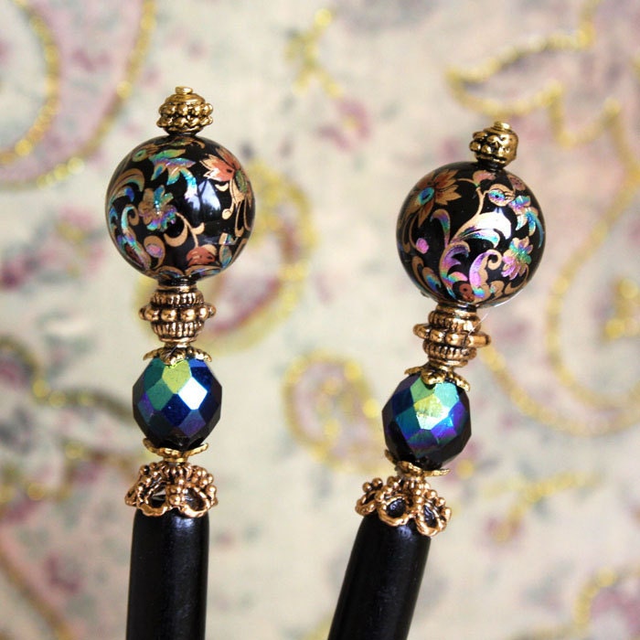 Tensha Garden Hairsticks - Black and peacock