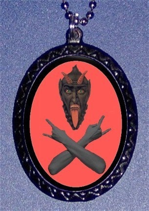 Krampus Devil Making the Metal and Satan Hand Symbols Homeboy Satan Satanism Satanic Goth Psychobilly Surreal Horror Necklace Pendant