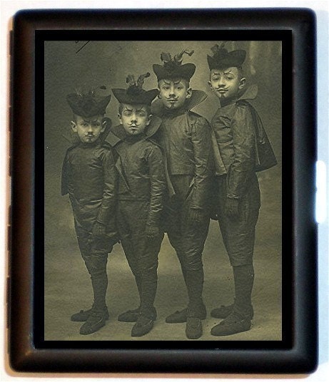 Early 1900's Four French Boys in Devil Costumes Whimsical Weird Photograph Black Metal Cigarette or ID or Business Card Case Wallet