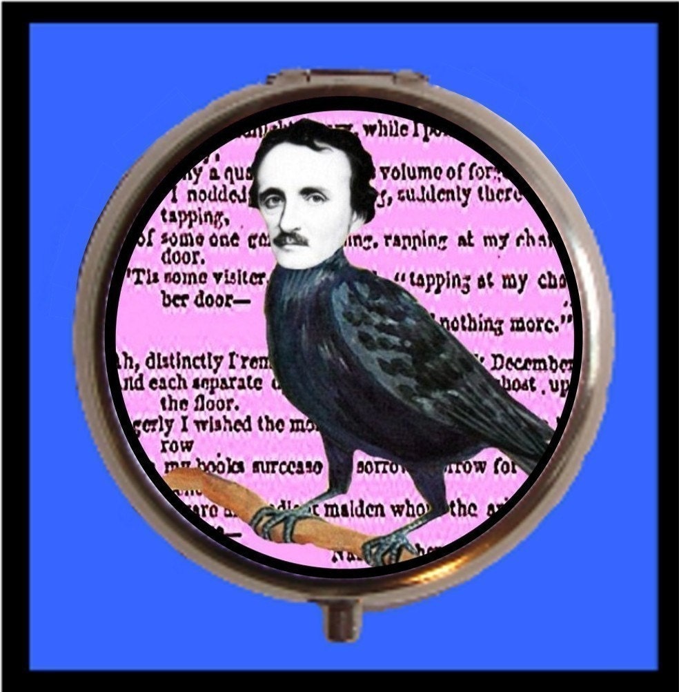 Edgar Allan Poe as Raven Surreal Goth Collage Pill Box Case Pillbox Holder