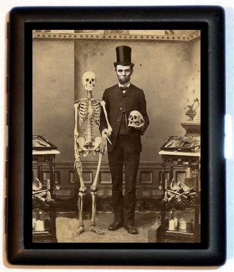 Abraham Lincoln with his Skeleton Bride and Dead Head Friend Metal Cigarette or ID or Business or ID Case Wallet NEW