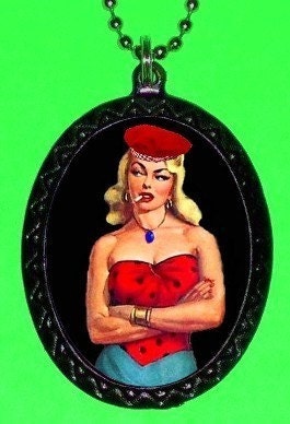 Tough Doll in Red Beret Pinup Pulp SHS Original Design Pendant and Necklace Punk Rockabilly Old School Design Retro Kitsch