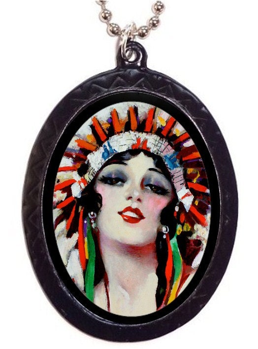 Flapper Art Deco Indian Maiden Native American Headdress Nouveau Necklace Pendant