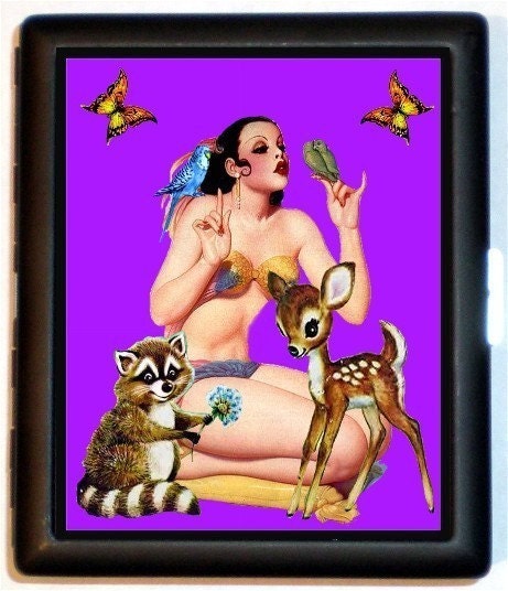 Pinup girl Gypsy Gal with Lots of Supercute animals including Baby Doe Deer and Sweet Raccoon Cigarette or ID Case Wallet