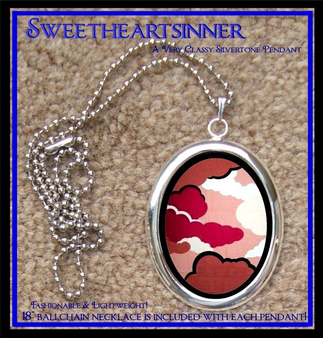 DIVINE BLISS DESIGNS - Silver Tone Pendant With Chain - Pink Japanese Clouds