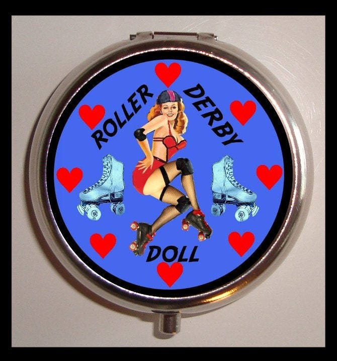 Roller Derby Doll Pinup Skater Skating Pill box Pillbox Case Holder for Vitamins Drugs Birth Control