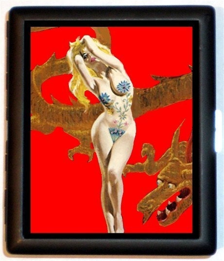 Kitsch Lowbrow Sleaze Dragon Tattooed Pinup Retro Art SHS designed Black Metal Cigarette or ID or Business or ID Case Wallet