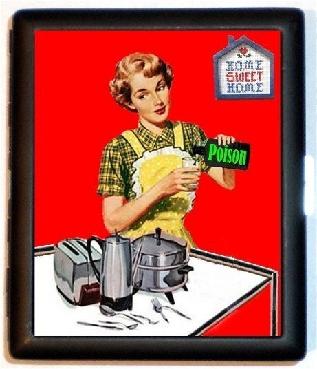 1950s Retro Housewife Cooking with Poison Bottle Slightly Demented Somewhat Amusing Rockabilly Cigarette Id Case Business Card Holder Wallet